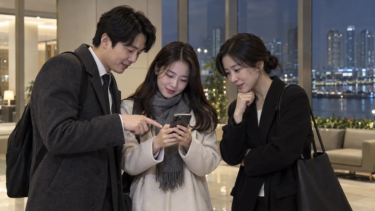 사진 공유 전에 휴대전화 화면을 함께 확인하는 한국인 성인 세 명